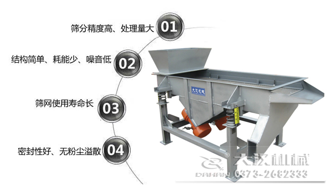 1016型直線(xiàn)振動(dòng)篩特點(diǎn)：1，篩分精度高，處理量大。2，結(jié)構(gòu)簡(jiǎn)單，耗能少，噪音低，3，篩網(wǎng)使用壽命長(zhǎng)，密封性好無(wú)粉塵溢散。