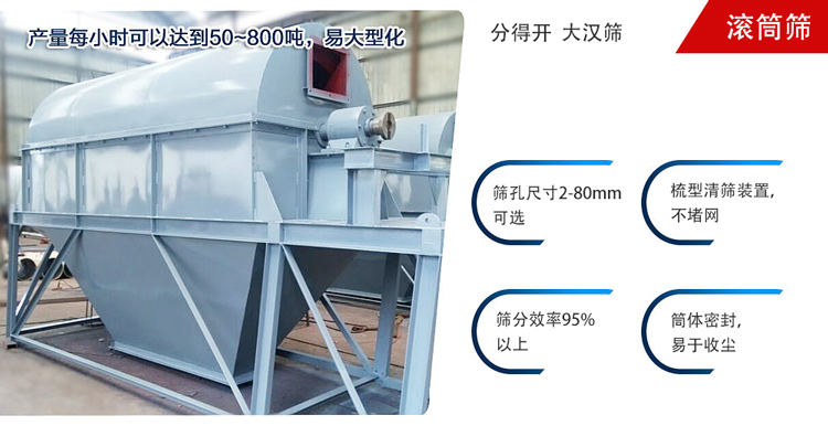 滾筒篩分開放式,封閉式兩種選擇無塵篩分。無軸滾筒：適用生活垃圾等一些有一定纏繞性物料;有軸滾筒：適用石料，砂土等含水量較少的物料