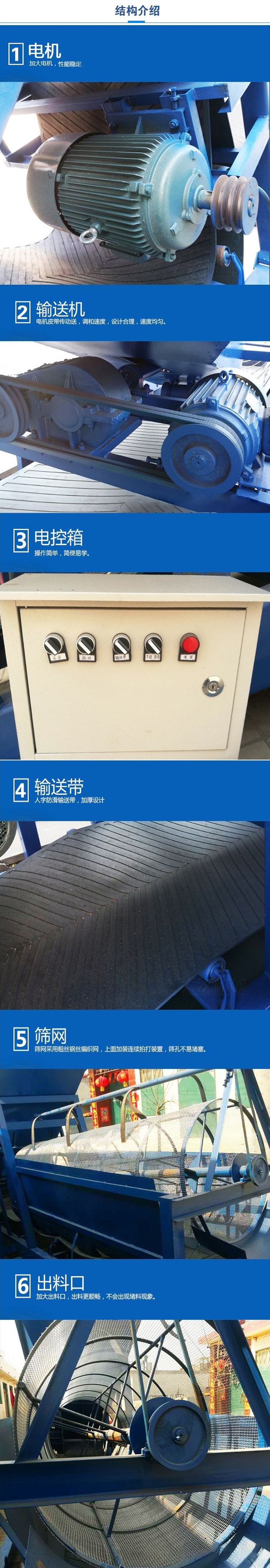 移動篩沙機結構:電機，加大電機，性能相對比較穩定。輸送機：電機皮帶傳動送，調和速度，設計合理，速度均勻。電控箱：操作簡單，簡便易學。輸送帶：人字防滑輸送帶，加厚設計。篩網，采用粗絲鋼絲編織而成的篩網，上面加裝連續拍打裝置，篩孔不易堵塞。出料口：加大出料口，出料更順暢，不會出現堵料現象。