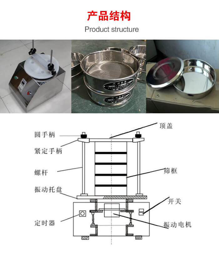 實驗室振動篩-試驗篩結構主要由：圓手柄，緊定手柄，螺桿，振動托盤，篩框，頂蓋等。